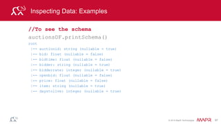 © 2014 MapR Technologies 97
Inspecting Data: Examples
//Total number of bids
val totbids=auctionsDF.count()
//How many bids per item?
auction.groupBy("auctionid", "item").count.show
auctionid item count
3016429446 palm 10
8211851222 xbox 28
3014480955 palm 12
8214279576 xbox 4
3014844871 palm 18
3014012355 palm 35
1641457876 cartier 2
 