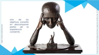 Uno de los
objetivos consistía
en descomponer
partes de la
experiencia
consiente.
Imagen:Escultura,SergioBustamante,
CristianJarrett,50TeoríasPsicológicasfascinantesySugerentes,ed.Blume.Pág..14,2014
 