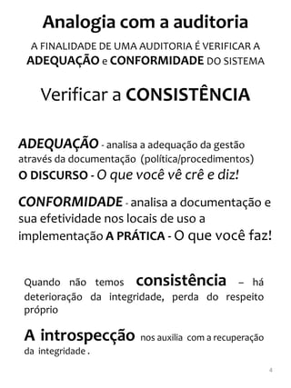 Analogia com a auditoria
  A FINALIDADE DE UMA AUDITORIA É VERIFICAR A
 ADEQUAÇÃO e CONFORMIDADE DO SISTEMA

     Verificar a CONSISTÊNCIA

ADEQUAÇÃO - analisa a adequação da gestão
através da documentação (política/procedimentos)
O DISCURSO - O que você vê crê e diz!

CONFORMIDADE - analisa a documentação e
sua efetividade nos locais de uso a
implementação A PRÁTICA - O que você faz!


 Quando não temos consistência – há
 deterioração da integridade, perda do respeito
 próprio

 A introspecção         nos auxilia com a recuperação
 da integridade .
                                                        4
 