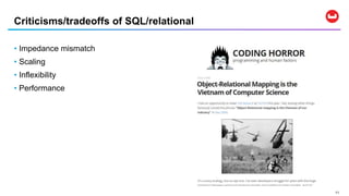 1111
• Impedance mismatch
• Scaling
• Inflexibility
• Performance
Criticisms/tradeoffs of SQL/relational
 