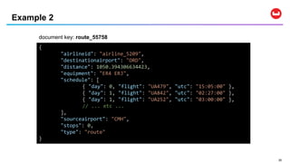 2020
Example 2
document key: route_55758
{
"airlineid": "airline_5209",
"destinationairport": "ORD",
"distance": 1050.394306634423,
"equipment": "ER4 ERJ",
"schedule": [
{ "day": 0, "flight": "UA479", "utc": "15:05:00" },
{ "day": 1, "flight": "UA842", "utc": "02:27:00" },
{ "day": 1, "flight": "UA252", "utc": "03:00:00" },
// ... etc ...
],
"sourceairport": "CMH",
"stops": 0,
"type": "route"
}
 
