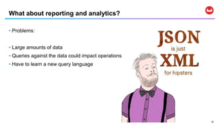 2222
• Problems:
• Large amounts of data
• Queries against the data could impact operations
• Have to learn a new query language
What about reporting and analytics?
 