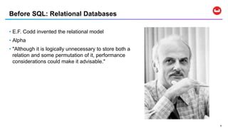 99
• E.F. Codd invented the relational model
• Alpha
• "Although it is logically unnecessary to store both a
relation and some permutation of it, performance
considerations could make it advisable."
Before SQL: Relational Databases
 