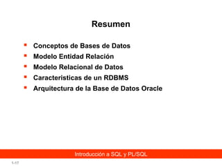 Resumen






Conceptos de Bases de Datos
Modelo Entidad Relación
Modelo Relacional de Datos
Caracteristicas de un RDBMS
Arquitectura de la Base de Datos Oracle

Introducción a SQL y PL/SQL
1-17

 
