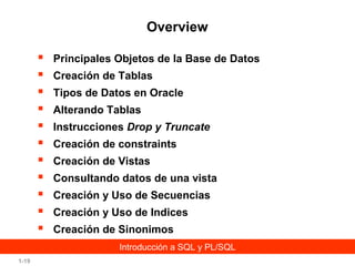 Overview












Principales Objetos de la Base de Datos
Creación de Tablas
Tipos de Datos en Oracle
Alterando Tablas
Instrucciones Drop y Truncate
Creación de constraints
Creación de Vistas
Consultando datos de una vista
Creación y Uso de Secuencias
Creación y Uso de Indices
Creación de Sinonimos
Introducción a SQL y PL/SQL

1-19

 