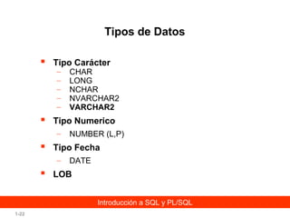 Tipos de Datos


Tipo Carácter



Tipo Numerico

–
–
–
–
–
–



NUMBER (L,P)

Tipo Fecha
–



CHAR
LONG
NCHAR
NVARCHAR2
VARCHAR2

DATE

LOB
Introducción a SQL y PL/SQL

1-22

 