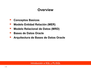 Overview






Conceptos Basicos
Modelo Entidad Relación (MER)
Modelo Relacional de Datos (MRD)
Bases de Datos Oracle
Arquitectura de Bases de Datos Oracle

Introducción a SQL y PL/SQL
1-5

 