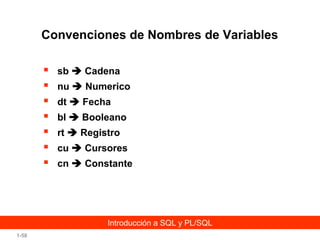 Convenciones de Nombres de Variables








sb  Cadena
nu  Numerico
dt  Fecha
bl  Booleano
rt  Registro
cu  Cursores
cn  Constante

Introducción a SQL y PL/SQL
1-58

 