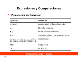 Expresiones y Comparaciones


Precedencia de Operación

Introducción a SQL y PL/SQL
1-60

 