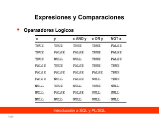 Expresiones y Comparaciones


Operaadores Logicos

Introducción a SQL y PL/SQL
1-61

 
