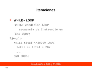 Iteraciones


WHILE – LOOP
WHILE condicion LOOP
secuencia de instrucciones
END LOOP;

Ejemplo
WHILE total <=25000 LOOP
total := total + 20;
...
END LOOP;
Introducción a SQL y PL/SQL
1-74

 
