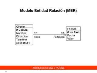 Modelo Entidad Relación (MER)

Cliente
# Cedula
Nombre
Direccion
Telefono
Sexo (M/F)

1:n
Tiene

1:1
Pertenece

Introducción a SQL y PL/SQL
1-8

Factura
# No Fact
Fecha
Valor

 
