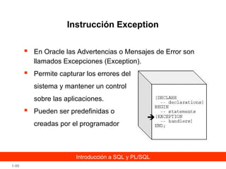 Instrucción Exception


En Oracle las Advertencias o Mensajes de Error son
llamados Excepciones (Exception).



Permite capturar los errores del
sistema y mantener un control
sobre las aplicaciones.



Pueden ser predefinidas o
creadas por el programador



Introducción a SQL y PL/SQL
1-90

 