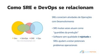 Como SRE e DevOps se relacionam
SREs conectam atividades de Operações
com Desenvolvimento
• SRE muitas vezes atuam como
“guardiões da produção”
• Software sem qualidade é rejeitado e
SREs ajudam a evitar potenciais
problemas operacionais
 