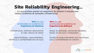 Site Reliability Engineering…
... é o que acontece quando um engenheiro de software é colocado para
resolver problemas de operações (infraestrutura)
50% de suas
contribuições em problemas de
Engenharia de Sistemas
–
infraestrutura, sistemas operacionais
& rede, bancos de dados
–
disponibilidade, observabilidade,
eficiência e confiabilidade dos serviços
50% de suas
contribuições em problemas de
Engenharia de Software
–
design da aplicação, estruturas de dados,
design de serviços e integrações
–
tarefas de desenvolvimento que contribuam
para a confiablilidade do sistema
 