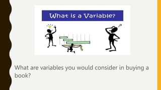 What are variables you would consider in buying a
book?
 