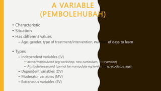 A VARIABLE
(PEMBOLEHUBAH)
• Characteristic
• Situation
• Has different values
– Age, gender, type of treatment/intervention, number of days to learn
something,
• Types
– Independent variables (IV)
• active/manipulated (eg workshop, new curriculum, intervention)
• Attribute/measured (cannot be manipulate eg level of edu, ecostatus, age)
– Dependent variables (DV)
– Moderator variables (MV)
– Extraneous variables (EV)
 