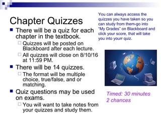 Chapter Quizzes
 There will be a quiz for each
chapter in the textbook.
 Quizzes will be posted on
Blackboard after each lecture.
 All quizzes will close on 8/10/16
at 11:59 PM.
 There will be 14 quizzes.
 The format will be multiple
choice, true/false, and or
matching.
 Quiz questions may be used
on exams.
 You will want to take notes from
your quizzes and study them.
You can always access the
quizzes you have taken so you
can study from them-go into
“My Grades” on Blackboard and
click your score, that will take
you into yourr quiz.
Timed: 30 minutes
2 chances
 