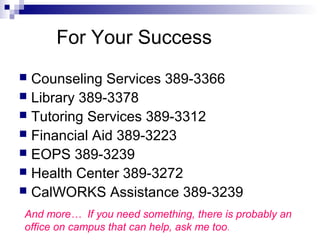 For Your Success
 Counseling Services 389-3366
 Library 389-3378
 Tutoring Services 389-3312
 Financial Aid 389-3223
 EOPS 389-3239
 Health Center 389-3272
 CalWORKS Assistance 389-3239
And more… If you need something, there is probably an
office on campus that can help, ask me too.
 