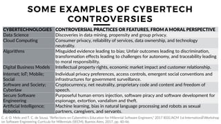 20
SOME EXAMPLES OF CYBERTECH
CONTROVERSIES
Innovation is a result of the combination and evolution of complementary
technologies.
CYBERTECHNOLOGIES CONTROVERSIAL PRACTICES OR FEATURES, FROM A MORAL PERSPECTIVE
Data Science Discoveries in data mining, propensity and group privacy.
Cloud Compu8ng Consumer privacy, reliability of services, data ownership, and technology
neutrality.
Algorithms Misguided evidence leading to bias; Unfair outcomes leading to discrimina8on,
transforma8on eﬀects leading to challenges for autonomy, and traceability leading
to moral responsibility.
Digital Business Models Intellectual property rights, economic market impact and customer rela8onship.
Internet; IoT; Mobile;
Social
Individual privacy preferences, access controls, emergent social conven8ons and
infrastructures for government surveillance.
SoFware and Society;
Cyberlaw
Cryptocurrency, net neutrality, proprietary code and content and freedom of
speech.
Secure SoFware
Engineering
Purposeful human errors injec8on, soFware piracy and soFware development for
espionage, extor8on, vandalism and theF.
Ar8ﬁcial Intelligence;
Robo8cs
Machine learning, bias in natural language processing and robots as sexual
partners, caregivers, and servants.
C. d. O. Melo and T. C. de Sousa, "Reflections on Cyberethics Education for Millennial Software Engineers," 2017 IEEE/ACM 1st International Workshop
on Software Engineering Curricula for Millennials (SECM), Buenos Aires, 2017, pp. 40-46.
 