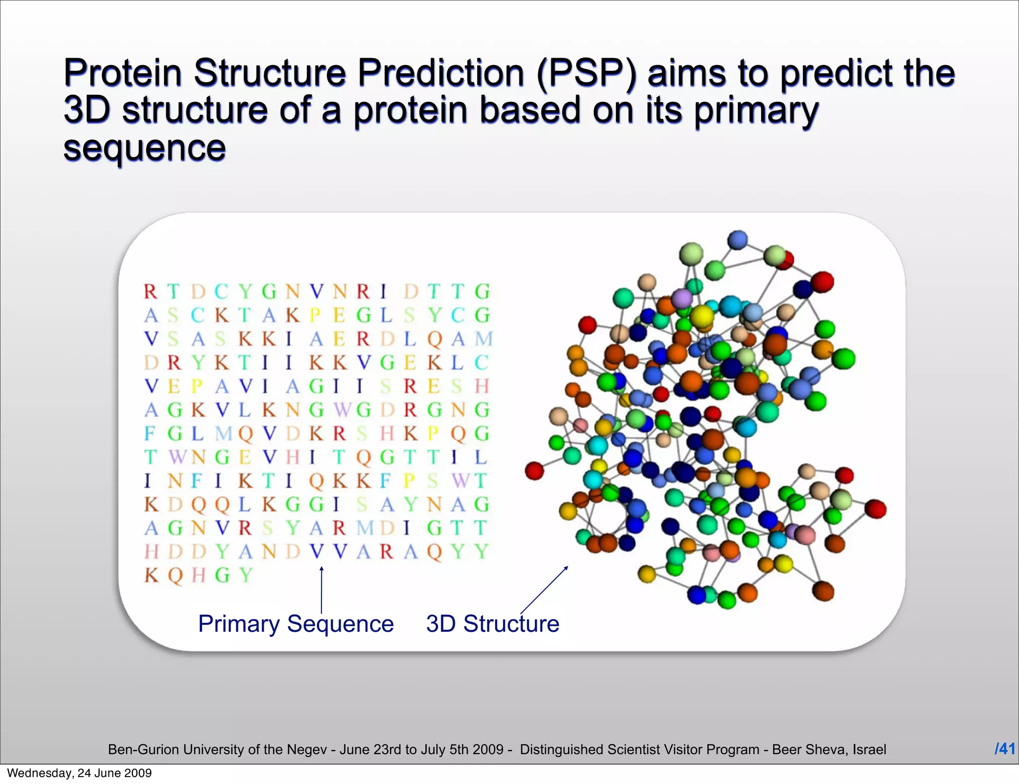 Protein Structure Prediction (PSP) aims to predict the
        3D structure of a protein based on its primary
        sequence




                              Primary Sequence                     3D Structure




                Ben-Gurion University of the Negev - June 23rd to July 5th 2009 - Distinguished Scientist Visitor Program - Beer Sheva, Israel   /41
Wednesday, 24 June 2009
 