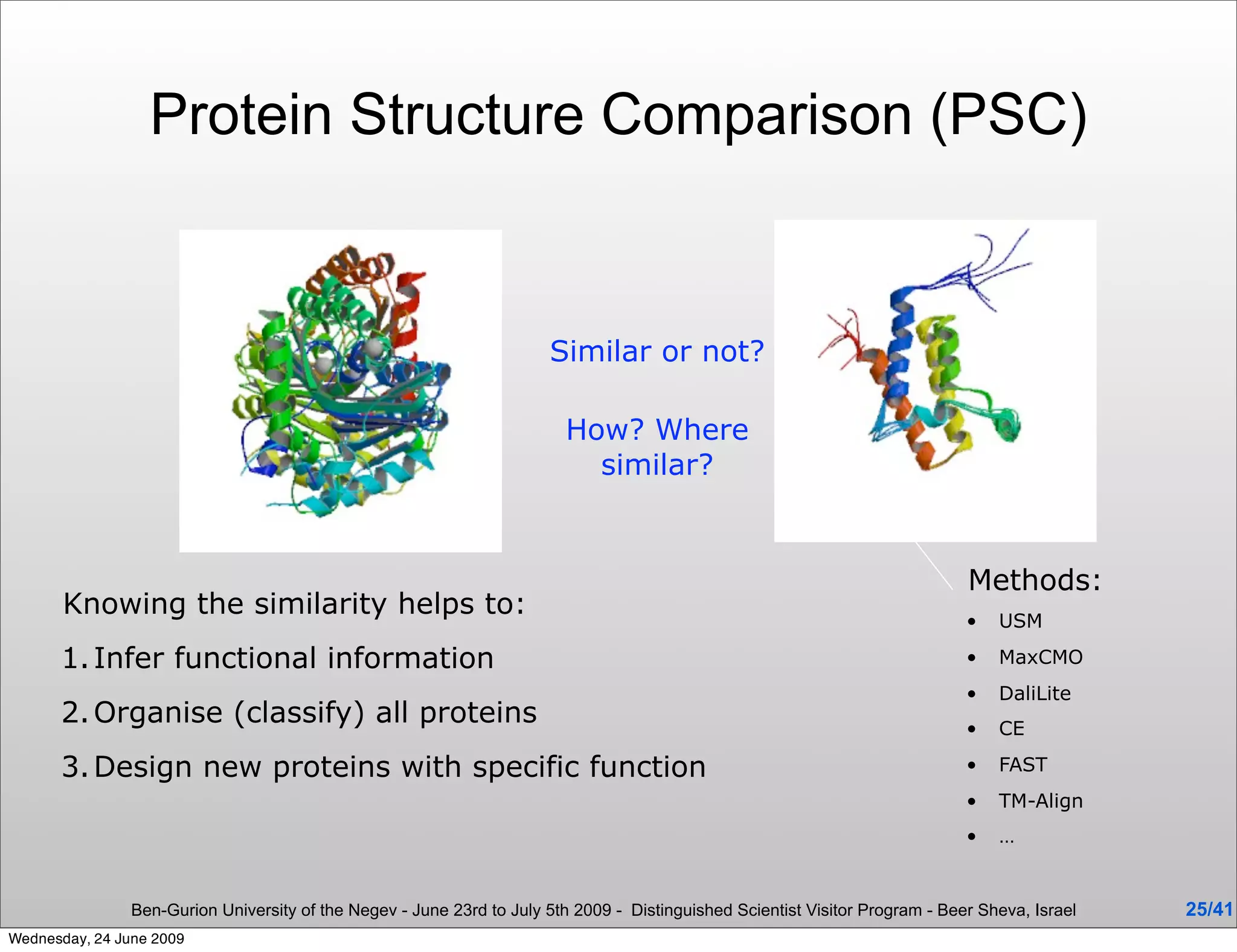 Protein Structure Comparison (PSC)


                                                                       Similar or not?

                                                                         How? Where
                                                                           similar?


                                                                                                                               Methods:
       Knowing the similarity helps to:                                                                                        •   USM

      1. Infer functional information                                                                                          •   MaxCMO
                                                                                                                               •   DaliLite
      2. Organise (classify) all proteins                                                                                      •   CE

      3. Design new proteins with specific function                                                                            •   FAST
                                                                                                                               •   TM-Align
                                                                                                                               •   …


                Ben-Gurion University of the Negev - June 23rd to July 5th 2009 - Distinguished Scientist Visitor Program - Beer Sheva, Israel   25/41
Wednesday, 24 June 2009
 