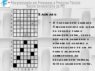 Salteado O passamento salteado é recomendado em lugar do seguido para o ligamento cetim, sendo que neste ligamento o número de quadros a ser deslocado de um fio para o adjacente corresponde ao deslocamento vertical (dv) do ligamento cetim. 