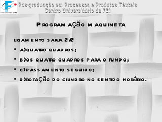 Programação maquineta ligamento sarja 2/2 a)quatro quadros; b)os quatro quadros para o fundo; c)passamento seguido; d)rotação do cilindro no sentido horário. 