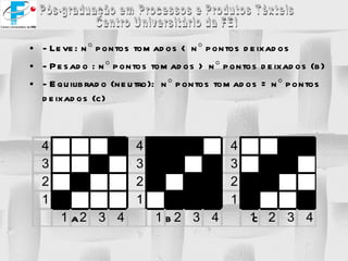 - Leve: n   pontos tomados < n   pontos deixados  - Pesado : n   pontos tomados > n   pontos deixados (b) - Equilibrado (neutro):  n   pontos tomados = n   pontos deixados (c) a  b  c 