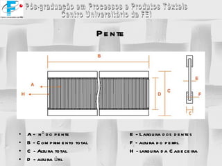 Pente A -  nº do pente E - Largura dos dentes B - Comprimento total  F - altura do perfil C - Altura total H - largura da Cabeceira D - altura útil 
