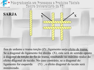 SARJA   X Y fios de urdume e trama torção (Z) , ligamento sarja  efeito de trama. Se a diagonal do ligamento for direita  (X), esta será de sentido oposto à diagonal da torção do fio de trama, resultando no máximo realce do efeito diagonal do tecido. No caso contrário, se a diagonal do ligamento for esquerda  (Y)  , o efeito diagonal do tecido será minimizado. 