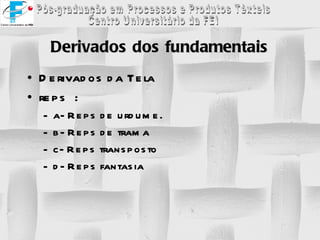 Derivados dos fundamentais Derivados da Tela  reps  : a- Reps de urdume. b- Reps de trama c- Reps transposto d- Reps fantasia 