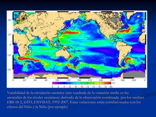 Variabilidad de la circulación oceánica (raíz cuadrada de la variación media en las
anomalías de los niveles oceánicos) derivado de la observación combinada por los satélites
ERS-18-2, GFO, ENVISAT, 1992-2007. Estas variaciones están correlacionadas con los
efectos del Niño y la Niña (por ejemplo)
 