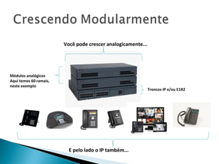 Você pode crescer analogicamente...
E pelo lado o IP também...
Módulos analógicos
Aqui temos 60 ramais,
neste exemplo
Troncos IP e/ou E1R2
 