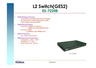 L2 Switch(GES2)
                                           ES-7224B
•   7224B: Mechanical Structure
      – 19 inch Rack mountable Pizza Box (1U Height)
      – Box Dimension: 19”(W)x 250mm(D) x 1U(H)
      – Power Supply Unit Embedded
•   7224B: Physical Interface
      – Down link : 100Base-Tx 24 Ports
                      100Base-Fx 24 Ports(6224F Only)
      – Up Link: G-PON
                  2 x 1000Base-X(or 1000Base-Tx)
•   7224B: L2 Functions
      – See “Software Functions”
•   7224B: Operational Environment
      – Temperature : -20ºC ~ +60ºC
      – Humidity : 7% ~ 90%
      – Power Source: 90 ~ 250 Vac




                                                                      ES-7224B




                                                        Proprietary
 