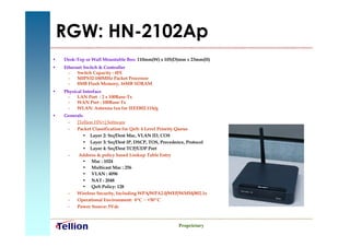 RGW: HN-2102Ap
•   Desk-Top or Wall Mountable Box: 110mm(W) x 105(D)mm x 23mm(H)
•   Ethernet Switch & Controller
      –   Switch Capacity : 4FE
      –   MIPS32-180MHz Packet Processor
      –   8MB Flash Memory, 16MB SDRAM
•   Physical Interface
     –    LAN Port : 2 x 100Base-Tx
     –    WAN Port : 100Base-Tx
     –    WLAN: Antenna 1ea for IEEE802.11b/g
•   Generals
     –   [Tellion HN+] Software
     –   Packet Classification for QoS: 4 Level Priority Queue
            • Layer 2: Src/Dest Mac, VLAN ID, COS
            • Layer 3: Src/Dest IP, DSCP, TOS, Precedence, Protocol
            • Layer 4: Src/Dest TCP/UDP Port
     –    Address & policy based Lookup Table Entry
            • Mac : 1024
            • Multicast Mac : 256
            • VLAN : 4096
            • NAT : 2048
            • QoS Policy: 128
     –   Wireless Security, Including WPA/WPA2.0/WEP/WMM/802.1x
     –   Operational Environment: 0ºC ~ +50ºC
     –   Power Source: 5Vdc



                                                      Proprietary
 