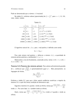 N¶umeros primos 42
Pode ser demonstrado que o n¶umero e ¶e irracional.
Na tabela 5.1, exibimos valores (aproximados) de
¡
1 + 1
n
¢n
, para n = 1, 10, 100,
1000, 10000, 100000.
Tabela 5.1.
n 1=n 1 + 1
n
¡
1 + 1
n
¢n
1 1 2 21
= 2
10 0; 1 1; 1 (1; 1)10
¼ 2; 59374
100 0; 01 1; 01 (1; 01)100
¼ 2; 70481
1000 0; 001 1; 001 (1; 001)1000
¼ 2; 71692
10000 0; 0001 1; 0001 (1; 0001)10000
¼ 2; 71815
100000 0; 00001 1; 00001 (1; 00001)100000
¼ 2; 71828
O logaritmo natural de x, ln x, para x real positivo, ¶e de¯nido como sendo
ln x = loge x
Para cada n¶umero real positivo x, de¯ne-se o n¶umero ¼(x), a quantidade de
n¶umeros primos positivos p satisfazendo 2 · p · x.
Observando o crivo de Erat¶ostenes, constru¶³do acima, temos ¼(10) = 4, ¼(20) =
15, e ¼(100) = 25.
Teorema 5.4 (Teorema dos n¶umeros primos) Para valores su¯cientemente grandes
de x, veri¯ca-se que
¼(x)
x= ln x
¶e aproximadamente igual a 1. Mais precisamente, na
linguagem de limites,
lim
x!1
¼(x)
³ x
ln x
´ = 1
Exibimos a tabela 5.2, para que o leitor aprecie evid^encias num¶ericas a respeito do
teorema 5.4, o qual n~ao temos condi»c~oes de demonstrar aqui.
Segundo o teorema 5.4, quando n tende ao in¯nito, temos que
¼(n) ¢ ln n
n
=
¼(n)
n
ln n
tende a 1. Por outro lado, ln n tamb¶em tende ao in¯nito.
Assim, temos que
¼(n)
n
=
µ
¼(n) ¢ ln n
n
¶ .
ln n tende a 0 quando n tende ao
in¯nito.
 