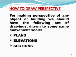 HOW TO DRAW PERSPECTIVE
For making perspective of any
object or building we should
have the following set of
drawings, drawn to some same
convenient scale:
 PLANS
 ELEVATIONS
 SECTIONS
118
 