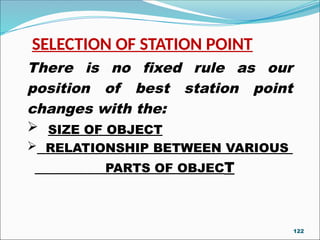 SELECTION OF STATION POINT
There is no fixed rule as our
position of best station point
changes with the:
 SIZE OF OBJECT
 RELATIONSHIP BETWEEN VARIOUS
PARTS OF OBJECT
122
 