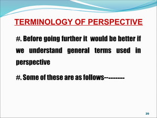 TERMINOLOGY OF PERSPECTIVE
#. Before going further it would be better if
we understand general terms used in
perspective
#. Some of these are as follows---------
20
 