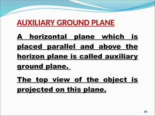 AUXILIARY GROUND PLANE
A horizontal plane which is
placed parallel and above the
horizon plane is called auxiliary
ground plane.
The top view of the object is
projected on this plane.
35
 