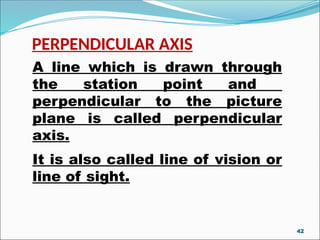 PERPENDICULAR AXIS
A line which is drawn through
the station point and
perpendicular to the picture
plane is called perpendicular
axis.
It is also called line of vision or
line of sight.
42
 
