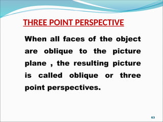 THREE POINT PERSPECTIVE
When all faces of the object
are oblique to the picture
plane , the resulting picture
is called oblique or three
point perspectives.
63
 
