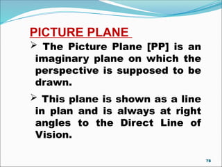 PICTURE PLANE
 The Picture Plane [PP] is an
imaginary plane on which the
perspective is supposed to be
drawn.
 This plane is shown as a line
in plan and is always at right
angles to the Direct Line of
Vision.
78
 