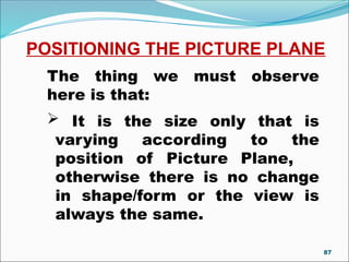 POSITIONING THE PICTURE PLANE
The thing we must observe
here is that:
 It is the size only that is
varying according to the
position of Picture Plane,
otherwise there is no change
in shape/form or the view is
always the same.
87
 