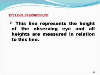 EYE LEVEL OR HORIZON LINE
 This line represents the height
of the observing eye and all
heights are measured in relation
to this line.
97
 