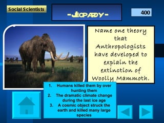 Name one theory that Anthropologists have developed to explain the extinction of Woolly Mammoth. 400 Social Scientists Humans killed them by over hunting them The dramatic climate change during the last ice age A cosmic object struck the earth and killed many large species 
