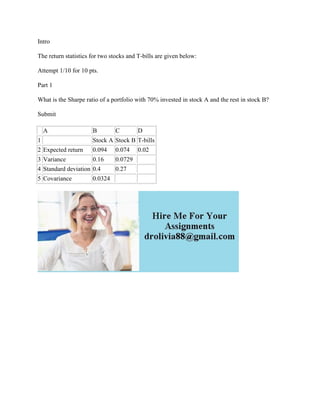 Intro
The return statistics for two stocks and T-bills are given below:
Attempt 1/10 for 10 pts.
Part 1
What is the Sharpe ratio of a portfolio with 70% invested in stock A and the rest in stock B?
Submit
A B C D
1 Stock A Stock B T-bills
2 Expected return 0.094 0.074 0.02
3 Variance 0.16 0.0729
4 Standard deviation 0.4 0.27
5 Covariance 0.0324
 