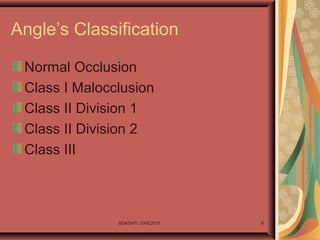 SDASHTI. CHS,2017 6
Angle’s Classification
Normal Occlusion
Class I Malocclusion
Class II Division 1
Class II Division 2
Class III
 