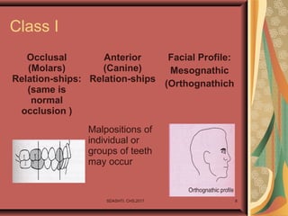 SDASHTI. CHS,2017 8
Class I
Occlusal
(Molars)
Relation-ships:
(same is
normal
occlusion )
Anterior
(Canine)
Relation-ships
Facial Profile:
Mesognathic
(Orthognathich
Malpositions of
individual or
groups of teeth
may occur
 
